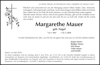 Traueranzeige von Margarethe Mauer von  Allgemeine Zeitung Mainz Traueranzeige von Margarethe Mauer von  Allgemeine Zeitung Mainz
