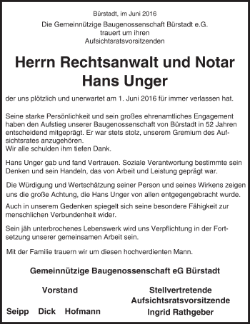 Traueranzeige von Hans Unger von Trauerportal Echo Online