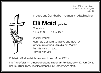 Traueranzeige von Elli Maid von  Gießener Anzeiger