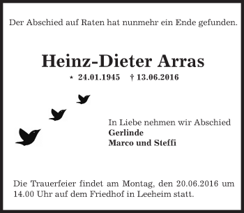 Traueranzeige von Heinz-Dieter Arras von Trauerportal Echo Online