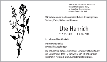 Traueranzeige von Ute Henrich von Trauerportal Echo Online