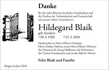 Traueranzeige von Hildegard Blaik von Trauerportal Rhein Main Presse