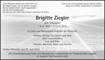 Traueranzeige von Brigitte Ziegler von  Gießener Anzeiger