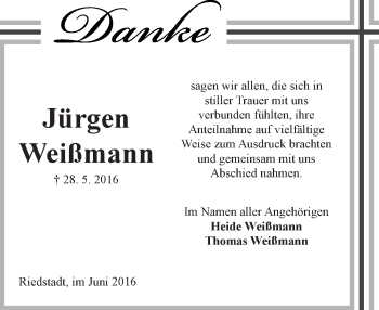 Traueranzeige von Jürgen Weißmann von Trauerportal Echo Online