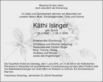 Traueranzeige von Käthi Isinger von  Wiesbaden komplett