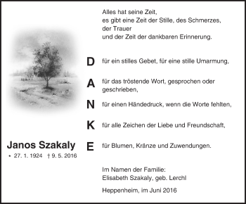 Traueranzeige von Janos Szakaly von Trauerportal Echo Online