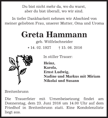 Traueranzeige von Greta Hammann von Trauerportal Echo Online