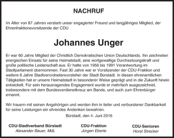 Traueranzeige von Johannes Unger von Trauerportal Echo Online