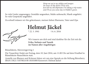 Traueranzeige von Helmut Jäckel von  Mainspitze