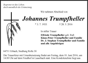 Traueranzeige von Johannes Trumpfheller von Trauerportal Echo Online