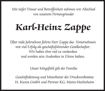 Traueranzeige von Karl-Heinz Zappe von  Allgemeine Zeitung Mainz