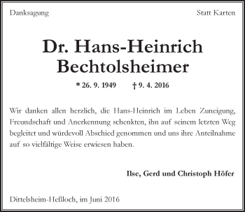 Traueranzeige von Hans-Heinrich Bechtolsheimer von Trauerportal Rhein Main Presse