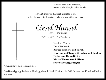 Traueranzeige von Liesel Hansel von VRM Trauer