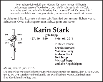 Traueranzeige von Karin Stark von  Allgemeine Zeitung Mainz