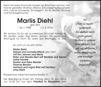 Traueranzeige von Marlis Diehl von  Mainspitze