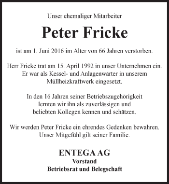 Traueranzeige von Peter Fricke von Trauerportal Echo Online