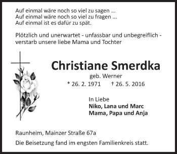 Traueranzeige von Christiane Smerdka von  Mainspitze