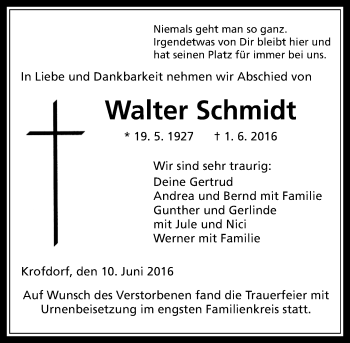 Traueranzeige von Walter Schmidt von  Gießener Anzeiger