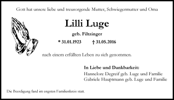 Traueranzeige von Lilli Luge von  Allgemeine Zeitung Mainz
