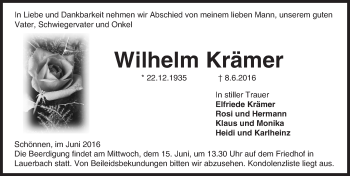 Traueranzeige von Wilhelm Krämer von Trauerportal Echo Online