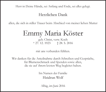 Traueranzeige von Emmy Maria Köster von Trauerportal Rhein Main Presse