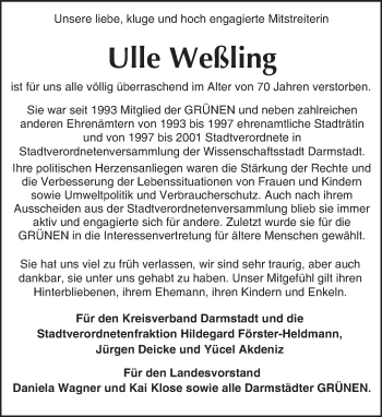 Traueranzeige von Ulle Weßling von Trauerportal Echo Online