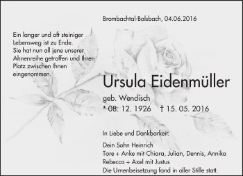 Traueranzeige von Ursula Eidenmüller von Trauerportal Echo Online