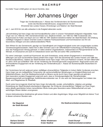 Traueranzeige von Johannes Unger von Trauerportal Echo Online