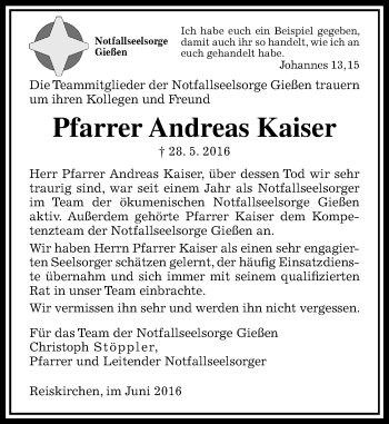 Traueranzeige von Andreas Kaiser von  Gießener Anzeiger