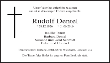 Traueranzeige von Rudolf Dentel von  Wiesbaden komplett