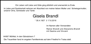 Traueranzeige von Gisela Brandl von Trauerportal Echo Online