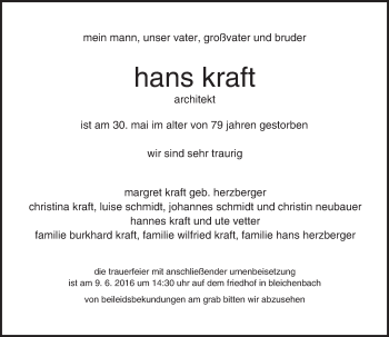 Traueranzeige von Hans Kraft von  Kreisanzeiger