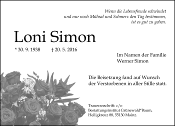 Traueranzeige von Loni Simon von  Allgemeine Zeitung Mainz Traueranzeige von Loni Simon von  Allgemeine Zeitung Mainz