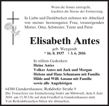Traueranzeige von Elisabeth Antes von Trauerportal Echo Online