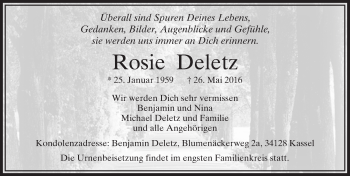 Traueranzeige von Rosie Deletz von  Usinger Anzeiger