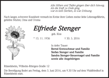 Traueranzeige von Elfriede Stenger von  Mainspitze