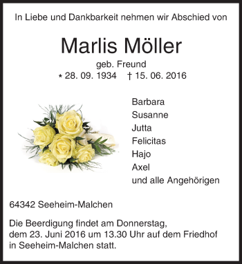 Traueranzeige von Marlis Möller von Trauerportal Echo Online