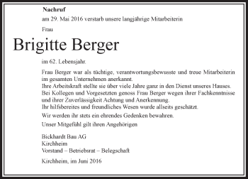 Traueranzeige von Brigitte Berger von VRM Trauer