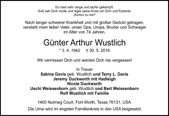 Traueranzeige von Günter Arthur Wustlich von Trauerportal Echo Online