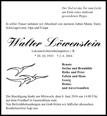 Traueranzeige von Walter Löwenstein von  Allgemeine Zeitung Mainz