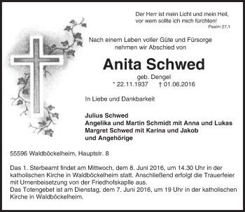 Traueranzeige von Anita Schwed von  Allg. Zeitung Bad Kreuznach