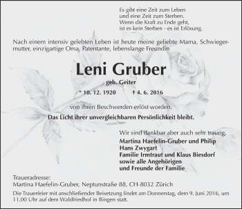 Traueranzeige von Lemi Gruber von  Allgemeine Zeitung Mainz