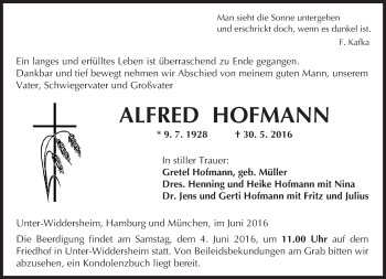 Traueranzeige von Alfred Hofmann von  Kreisanzeiger