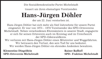 Traueranzeige von Hans-Jürgen Döhler von Trauerportal Echo Online