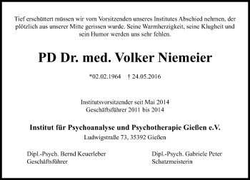 Traueranzeige von Volker Niemeier von  Gießener Anzeiger