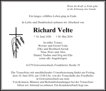Traueranzeige von Richard Velte von  Usinger Anzeiger