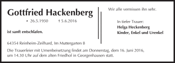 Traueranzeige von Gottfried Hackenberg von Trauerportal Echo Online