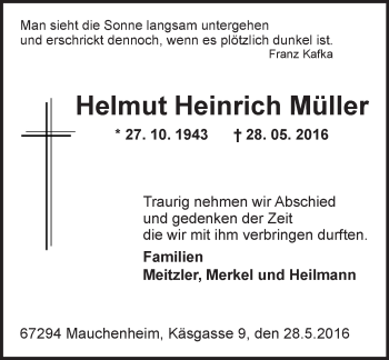 Traueranzeige von Helmut Heinrich Müller von  Allgemeine Zeitung Alzey