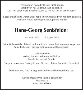 Traueranzeige von Hans-Georg Senßfelder von Trauerportal Echo Online