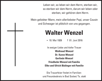 Traueranzeige von Walter Wenzel von Trauerportal Echo Online